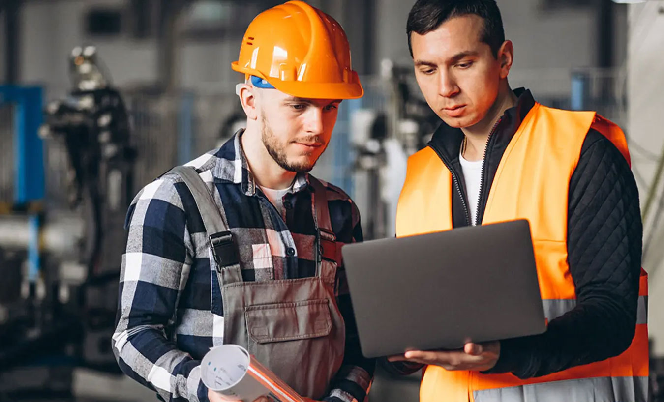 Co-workers looking at auction listings on laptop.